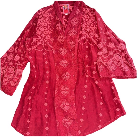 Johnny Was embroidered wrap cardigan jacket Kimono Asymmetrical Top Small Maroon